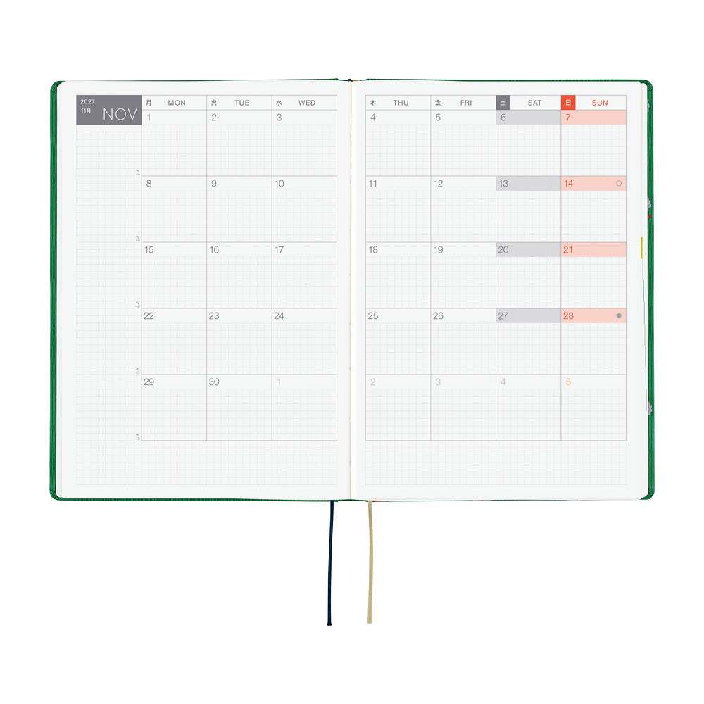 An open 2027 Hobonichi Techo HON hardcover planner showing a two-page monthly calendar layout for November, with two ribbon bookmarks hanging below on a white background.