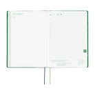 An open 2027 Hobonichi Techo HON hardcover planner showing the November start page beside a daily grid page, with two ribbon bookmarks hanging below on a white background.