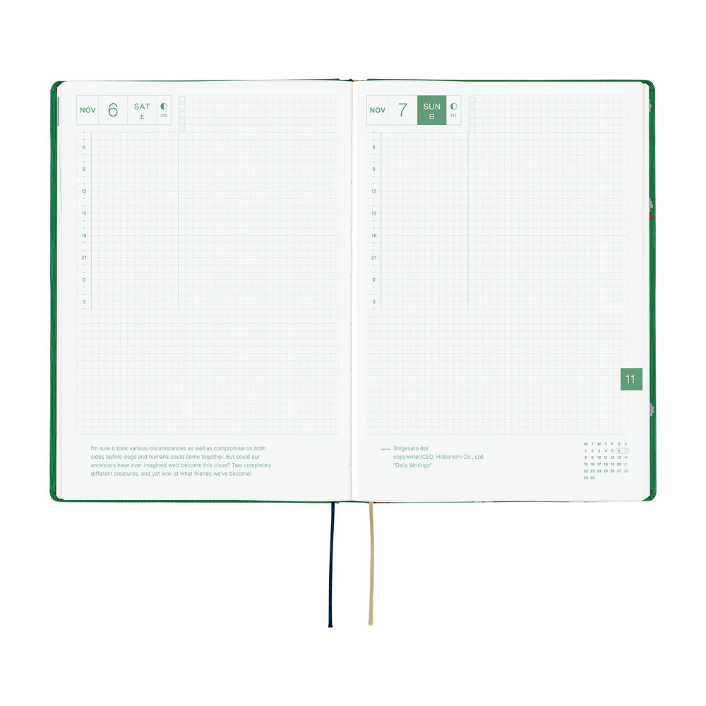 An open 2027 Hobonichi Techo HON hardcover planner showing two daily grid pages for November 6 and 7, with timelines, checkboxes, quotes, and two ribbon bookmarks on a white background.