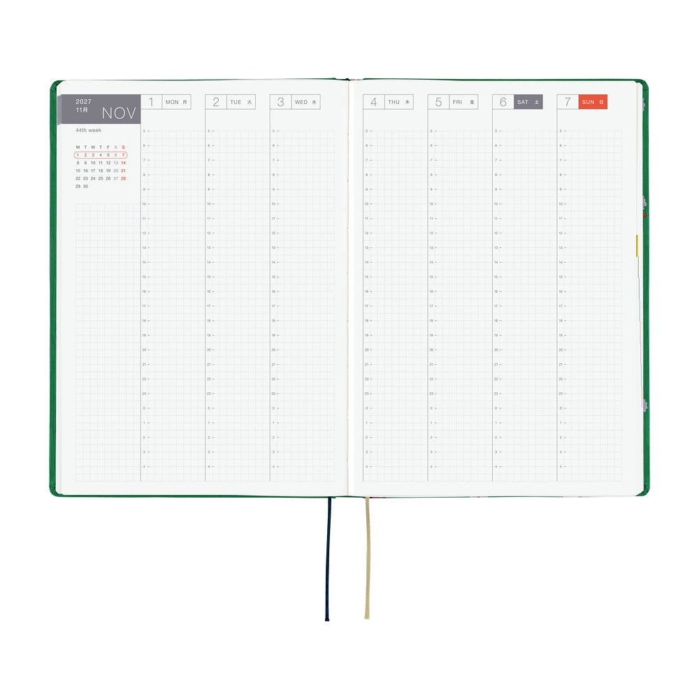 An open 2027 Hobonichi Techo HON hardcover planner showing a two-page weekly layout for November 1–7, with vertical hourly columns and two ribbon bookmarks on a white background.