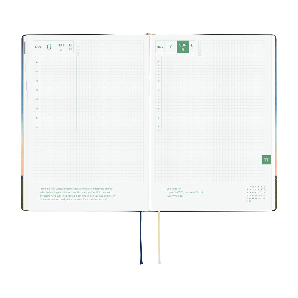 An open 2027 Hobonichi Techo HON hardcover planner showing two daily grid pages for November 6 and 7, with timelines, checkboxes, quotes, and two ribbon bookmarks on a white background.
