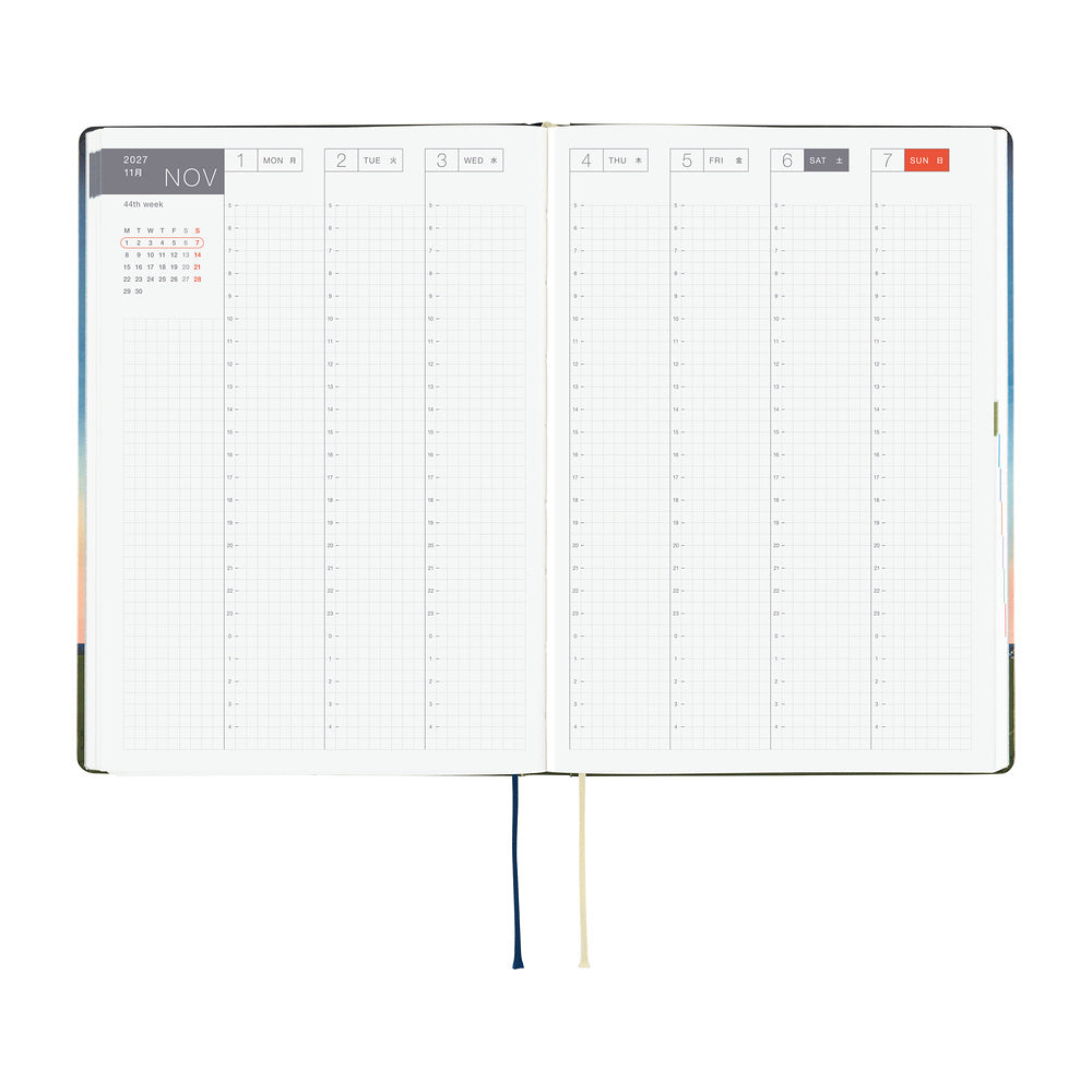 An open 2027 Hobonichi Techo HON hardcover planner showing a two-page weekly layout for November 1–7, with vertical hourly columns and two ribbon bookmarks on a white background.