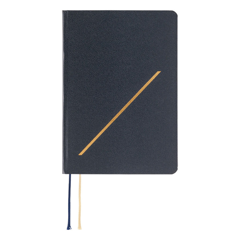 A dark navy 2027 Hobonichi Techo HON hardcover planner featuring a simple gold-embossed slash motif, with two ribbon bookmarks on a white background.