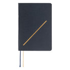 A dark navy 2027 Hobonichi Techo HON hardcover planner featuring a simple gold-embossed slash motif, with two ribbon bookmarks on a white background.