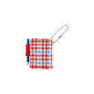 Back of small plaid notebook keychain with a silver ball chain and a red loop holding a blue pencil, shown on a plain white background.