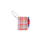 A small plaid notebook keychain with a silver ball chain and a red loop holding a blue pencil, shown on a plain white background.