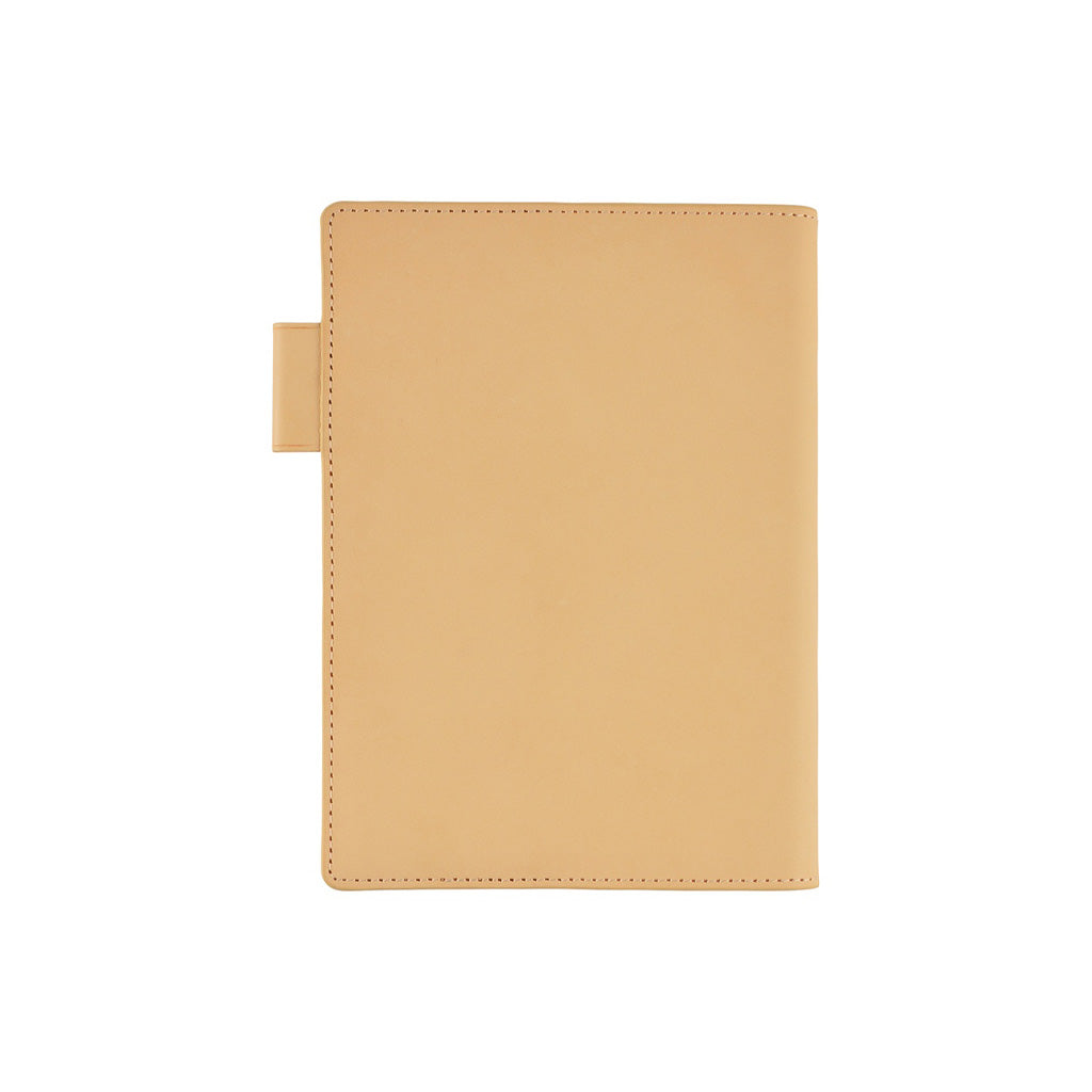 A natural beige leather notebook cover for Hobonichi 5-Year Techo on white background