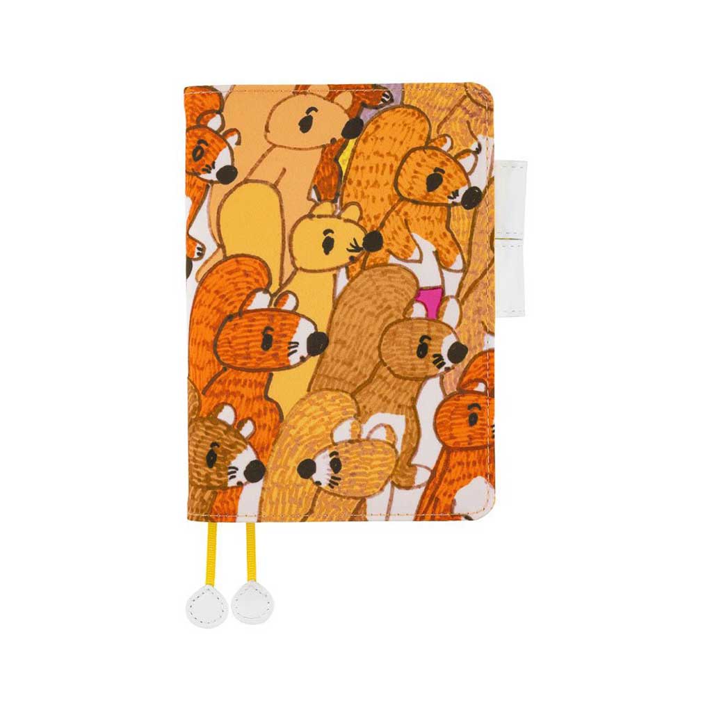 Cover for Hobonichi Techo A6 planner with orange squirrel design on white background