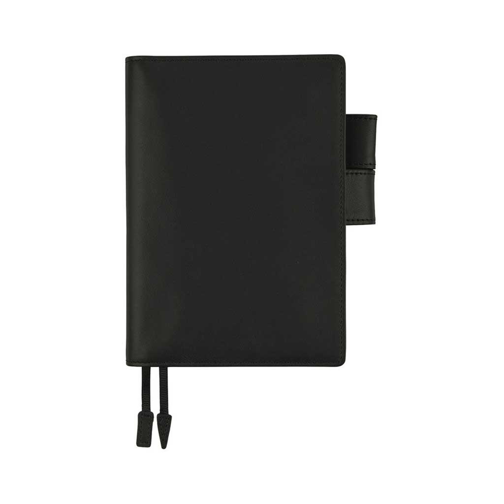 Black leather cover for Hobonichi Techo A6 planner on white background