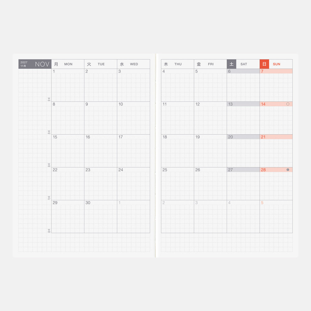 An open Hobonichi Techo A6 Original planner with spread for the month of November 2027 against white background