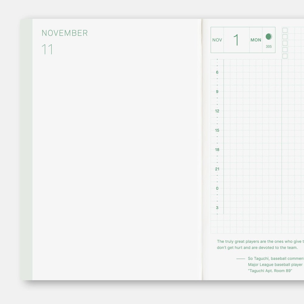 An open planner or calendar showing a blank November month page on the left and a daily gridded page on the right, with a pale mint green border and small printed text.