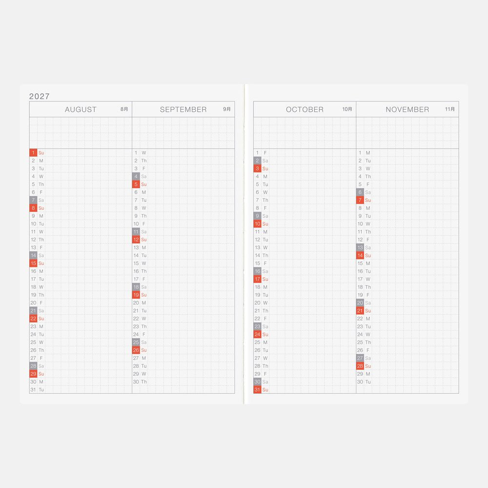 An open Hobonichi Techo A6 Original planner with spread for the months of August through November 2027 against white background
