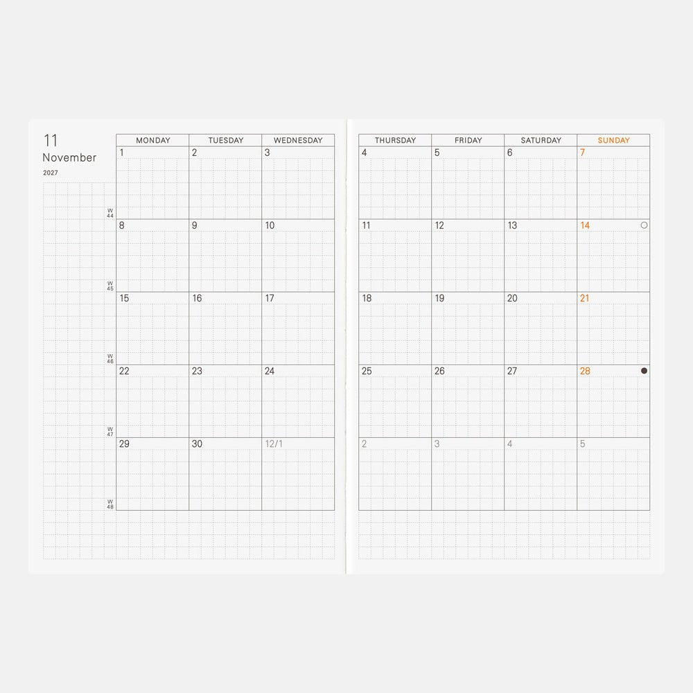 Hobonichi A6 Planner with monthly spread for November 2027 on white background