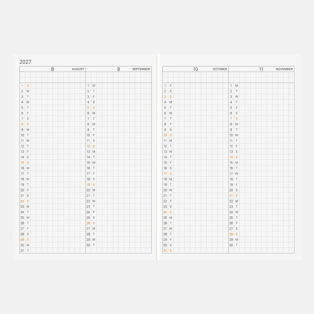 Hobonichi A6 Planner with month-at-a-glance spreads for August through November 2027 on white background