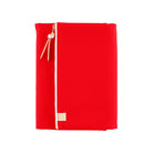 Red fabric Tragen zippered cover for Hobonichi Techo Cousin A5 planner on white background