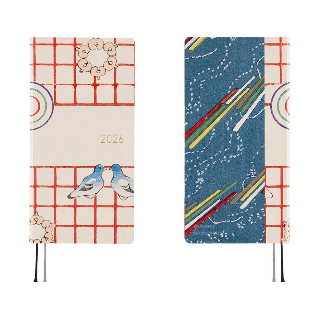 Front and back of Hobonichi Techo Weeks Unsodo Spring Start Weeks planner on white background