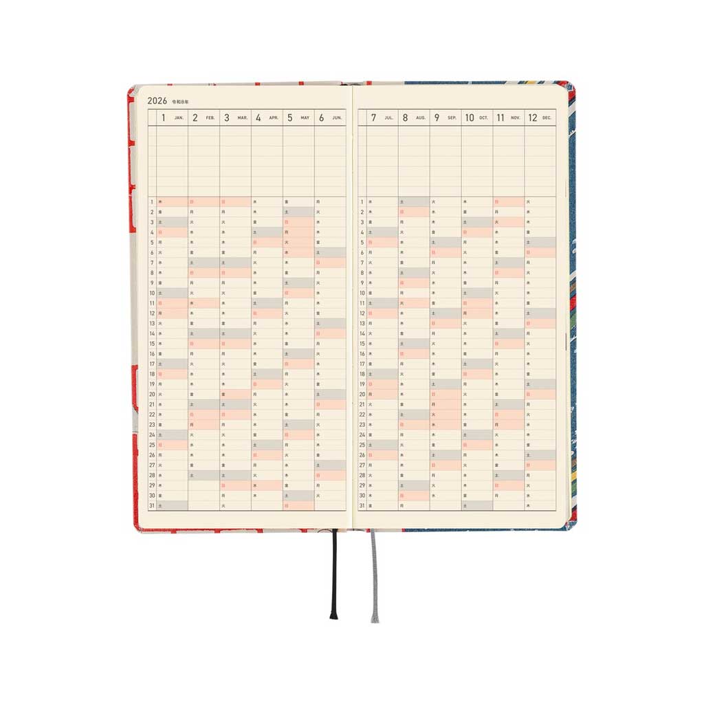 Inside of Hobonichi Techo Weeks Unsodo Spring Start Weeks planner with year at a glance spread laying flat on white background