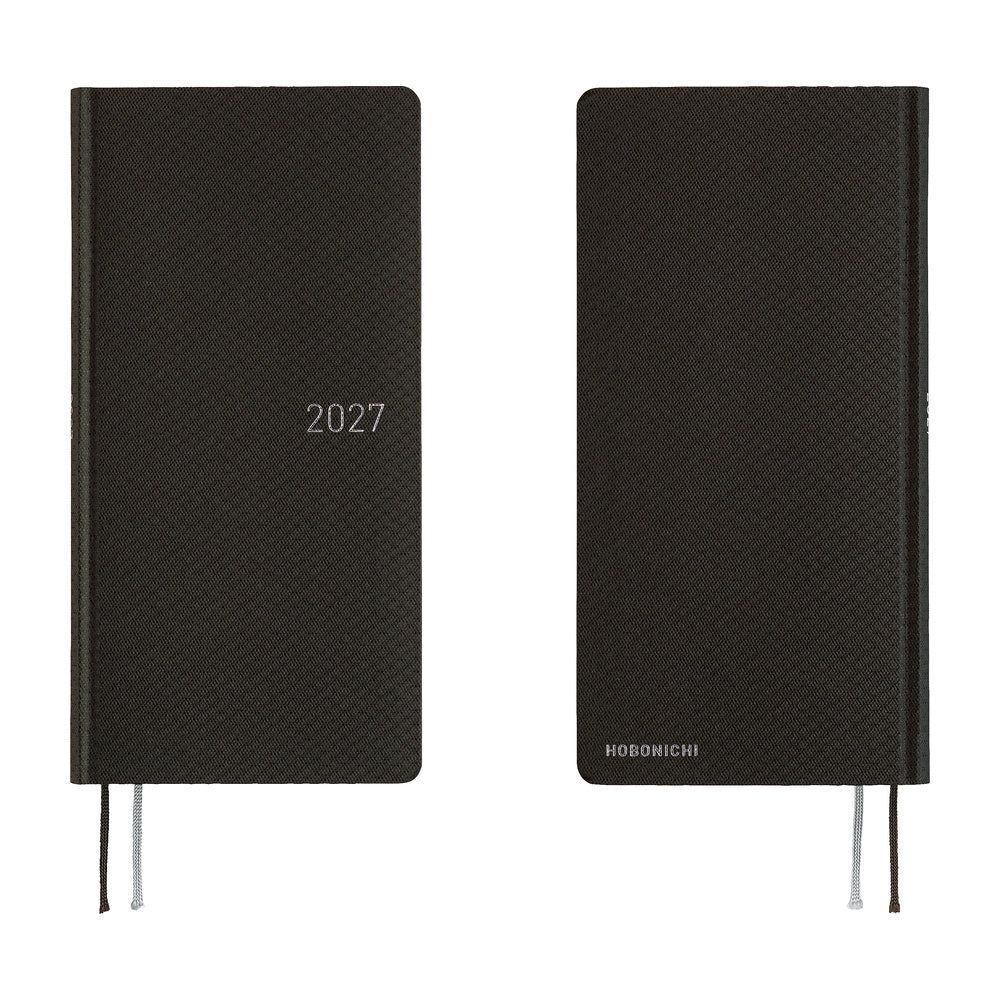 A front and back view of a slim 2027 planner with a patterned black cover, featuring a silver-embossed '2027'.