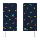 A front and back view of a 2027 planner featuring an array of colorful candies woven into a dark navy blue necktie fabric. 