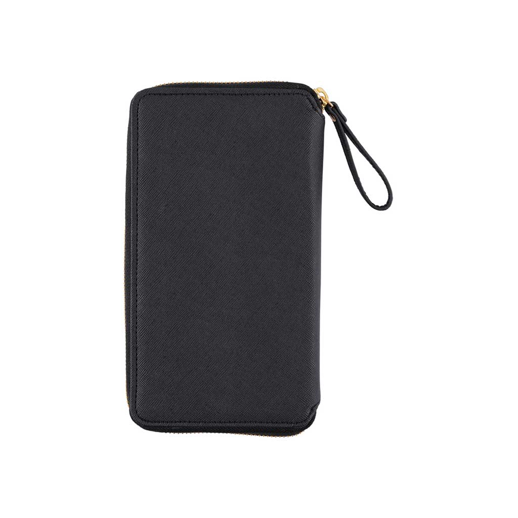 Back of black zippered fabric case for Hobonichi Techo Weeks on white background