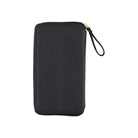 Back of black zippered fabric case for Hobonichi Techo Weeks on white background