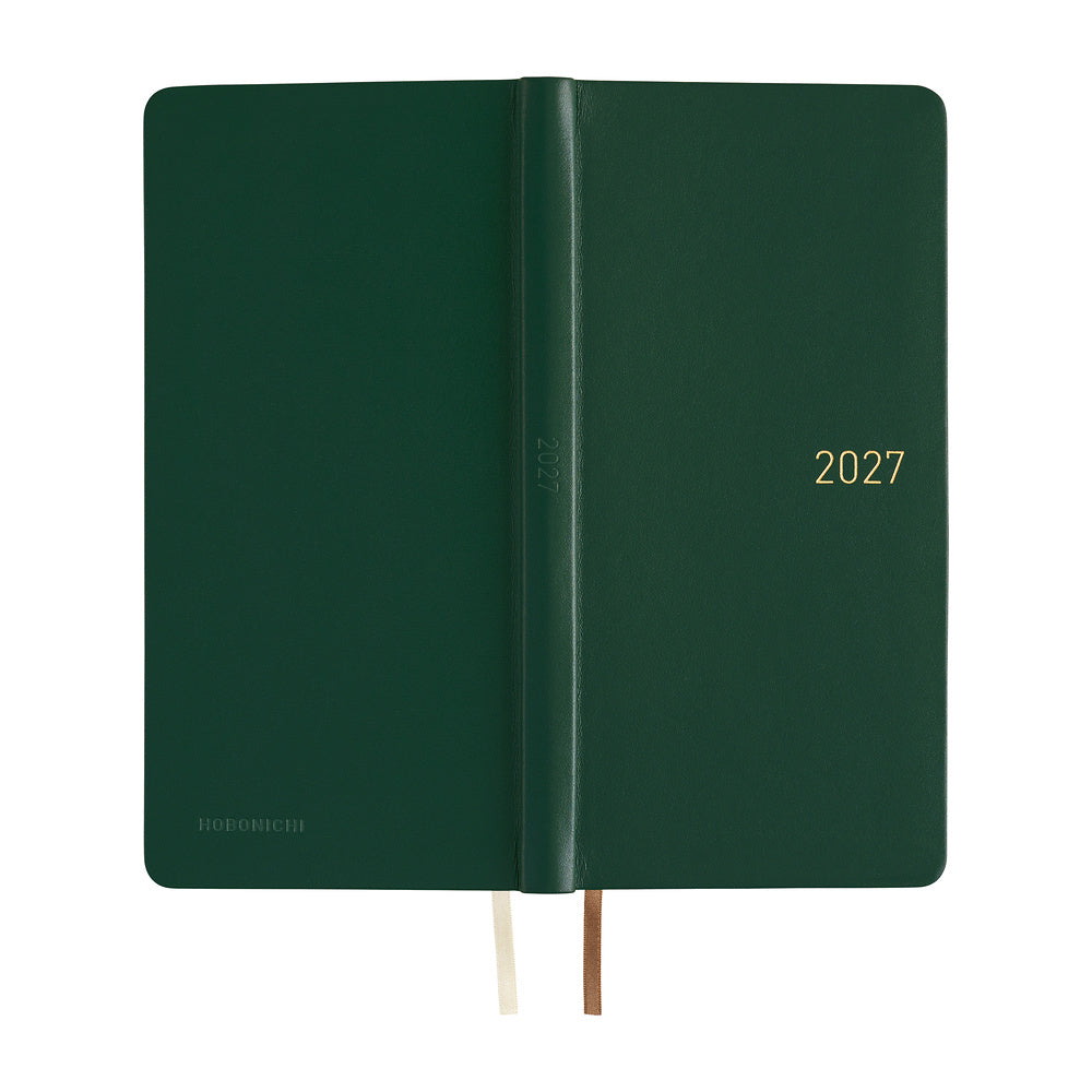 The exterior of a dark green leather covered planner. The date 2027 is embossed on both the spine and cover. 