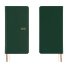 A dark green leather-covered planner shown from both front and back views on a white background. The front cover features the year '2027' printed in gold, and the back cover has a small gold brand name near the bottom.