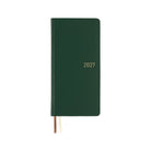 A dark green leather covered planner  with the year '2027' printed in gold on the front cover, shown closed on a plain white background with two ribbon bookmarks visible.