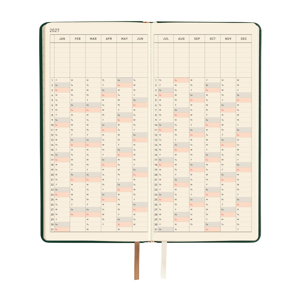 An open planner showing a two-page yearly calendar spread from January to December 2027.