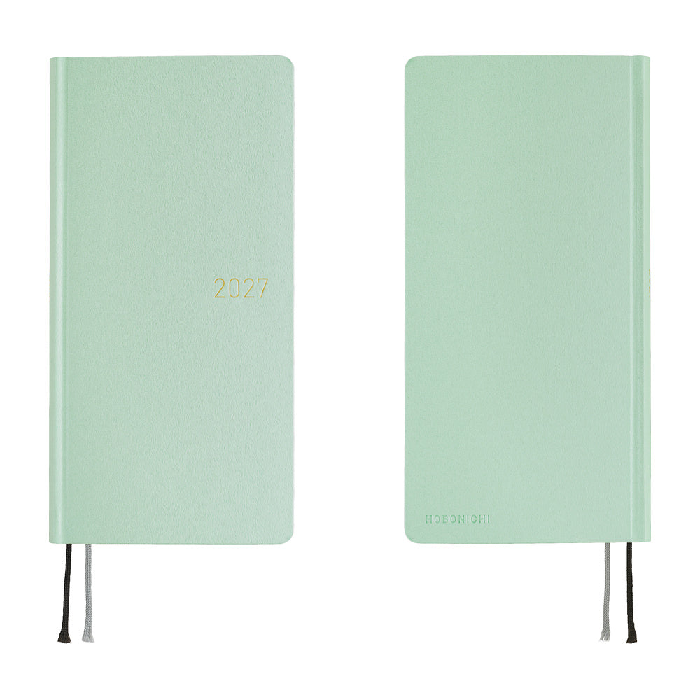 Front and back views of a frosty green 2027 planner, shown closed with thin ribbon bookmarks hanging from the bottom edge, set against a plain white background.