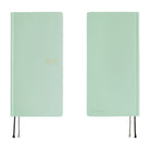 Front and back views of a frosty green 2027 planner, shown closed with thin ribbon bookmarks hanging from the bottom edge, set against a plain white background.