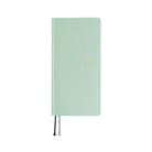 A frosty green 2027 planner, shown closed with thin ribbon bookmarks hanging from the bottom edge, set against a plain white background.