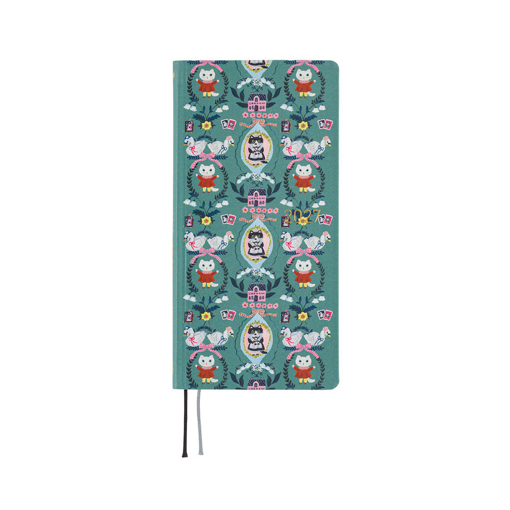 A planner with a teal cover featuring a repeating pattern of illustrated White Cat characters and geese, shown on a plain white background.