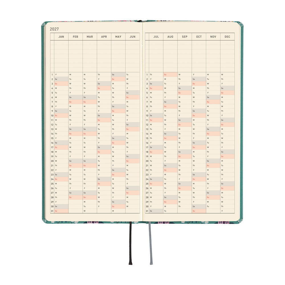 An open 2027 yearly calendar spread with cream-colored pages, set on a plain white background.