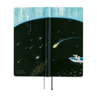 The exterior of a planner featuring illustrations of two cats in a rowboat on a field of black sprinkled with stars. 