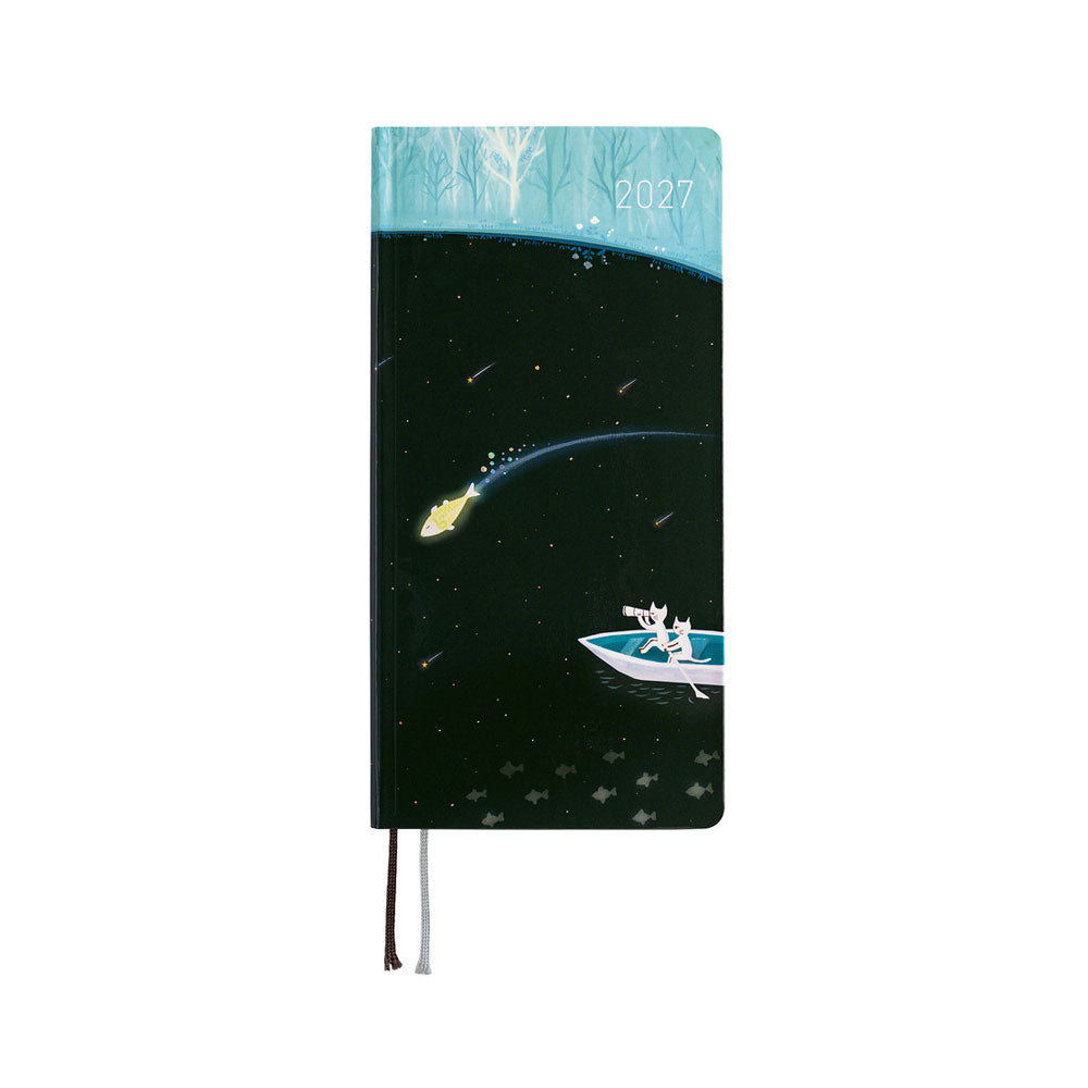 A 2027 planner featuring a cover with illustrations of two cats in a row boat on a field of black sprinkled with stars. 