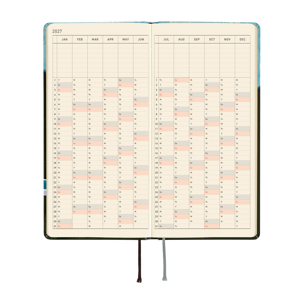 An open 2027 planner showing a two-page yearly calendar spread, set on a white background. 