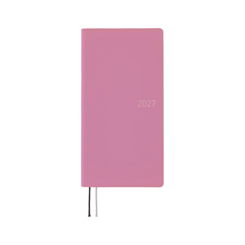 A lavender colored planner with 2027 embossed on the front. Thin ribbon bookmarks extend below the cover. 