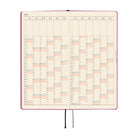 An open monthly planner or calendar with cream-colored pages and a vertical grid layout showing dates from January to December. Black and gray ribbon bookmarks hang from the bottom center.