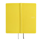 A bright yellow 2027 daily planner opened flat to show front, back and spine.