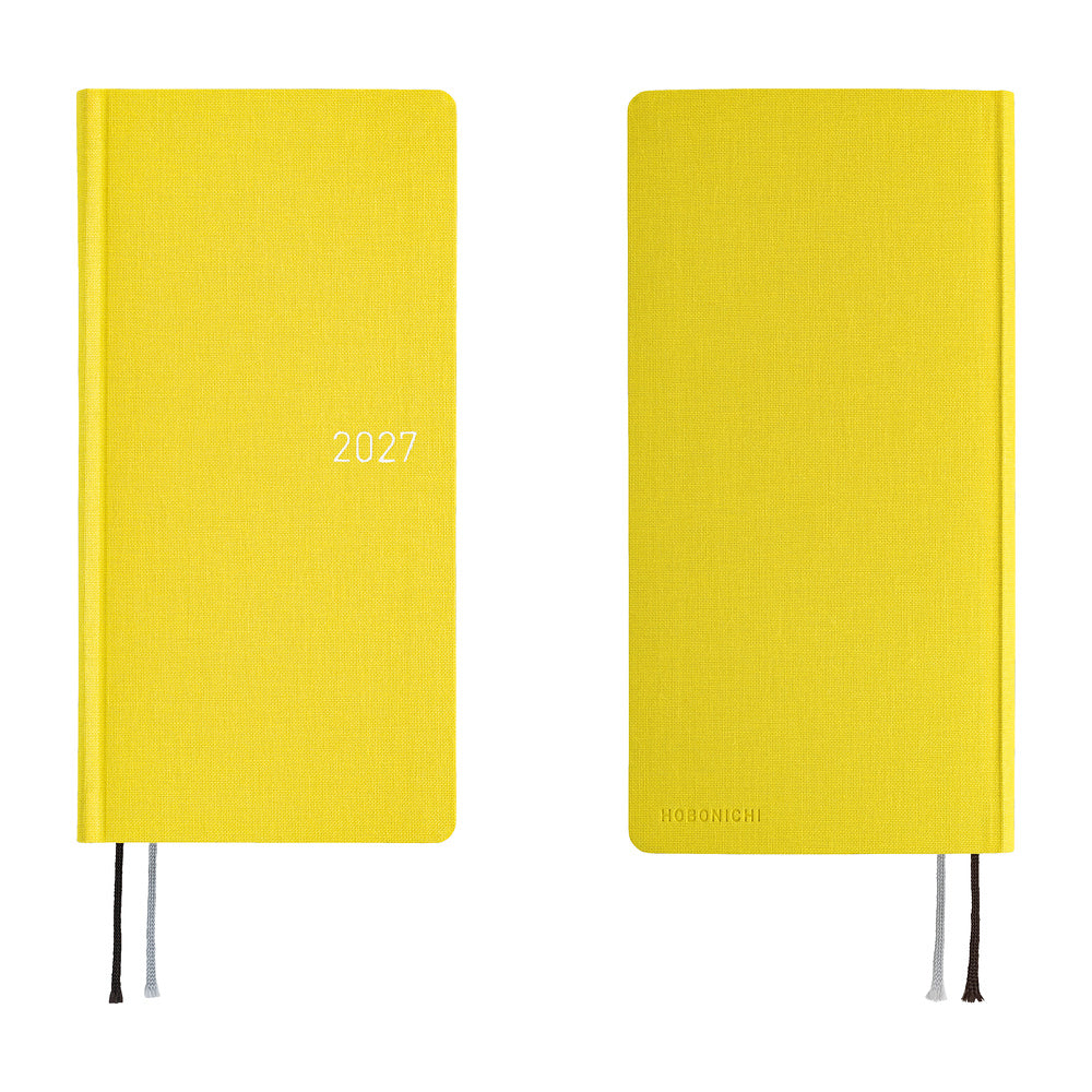 A front and back view of a bright yellow planner. The date 2027 is imprinted on the front cover. 