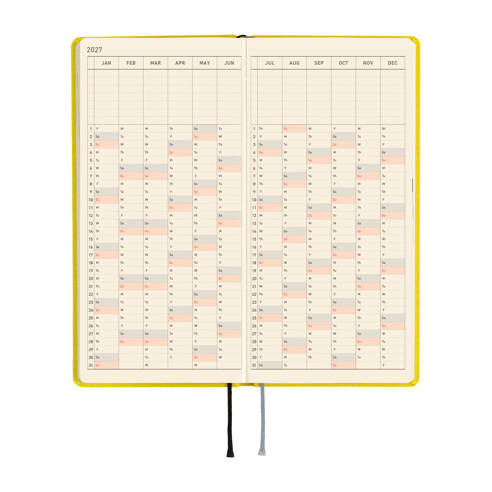 An open 2027 daily planner showing a two-page spread featuring a yearly calendar laid out vertically on cream colored paper.