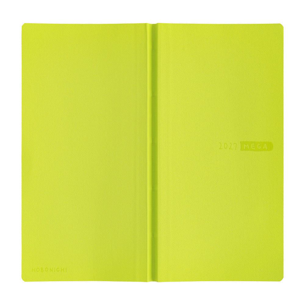 The exterior of a lime green 2027 Hobonichi Weeks Mega planner. 