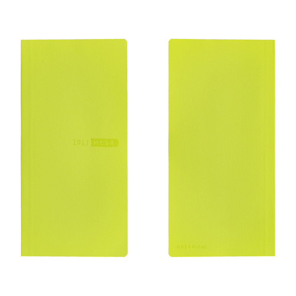 A front and back view of a lime green planner. "2027 MEGA" is debossed on the front cover.
