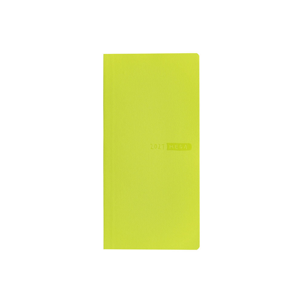 A lime green planner notebook with a debossed 2027 MEGA logo on the front, centered on a plain white background.