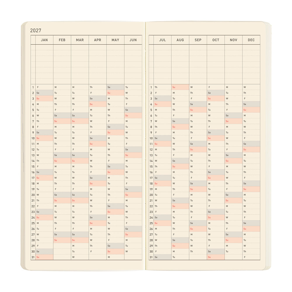 An open planner showing a two-page yearly calendar, arranged vertically on cream colored pages. 