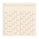 An open planner showing a two-page yearly calendar, arranged vertically on cream colored pages. 