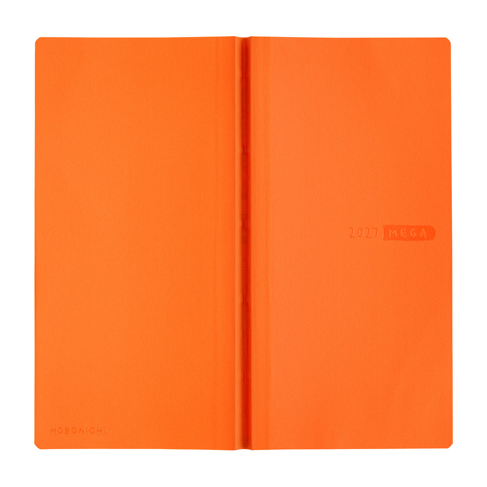A bright orange 2027 Mega Hobonichi planner shown closed against a plain white background.
