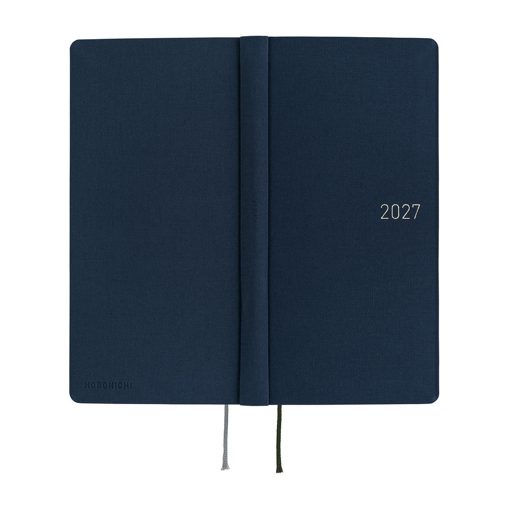 A 2027 Hobonichi Mega Weeks planner in Midnight Blue.