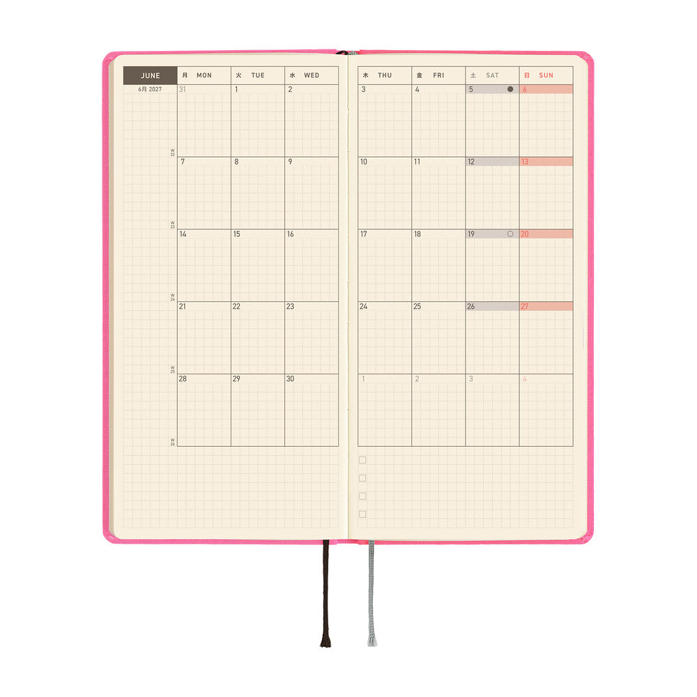 A 2027 Hobonichi Mega Weeks planner in the color Pink Sapphire.
